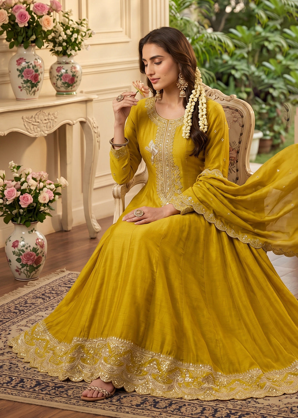 Buy Now Yellow Premium Silk Embroidered Anarkali Style Dress Online in US, UK, Canada, Netherlands, Germany, Italy, France, Sweden, UAE & Worldwide at Empress.