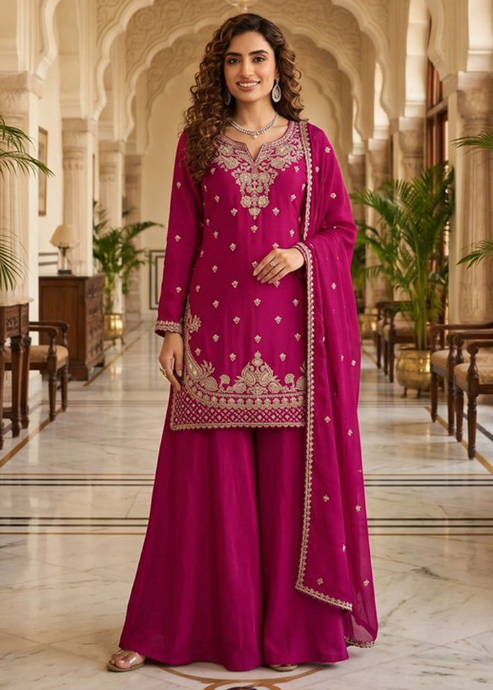 Buy Now Magenta Pink Beads Embroidered Palazzo Dress Online in US, UK, Canada, Netherlands, Germany, Italy, France, UAE, Sweden, Denmark & Worldwide at Empress.