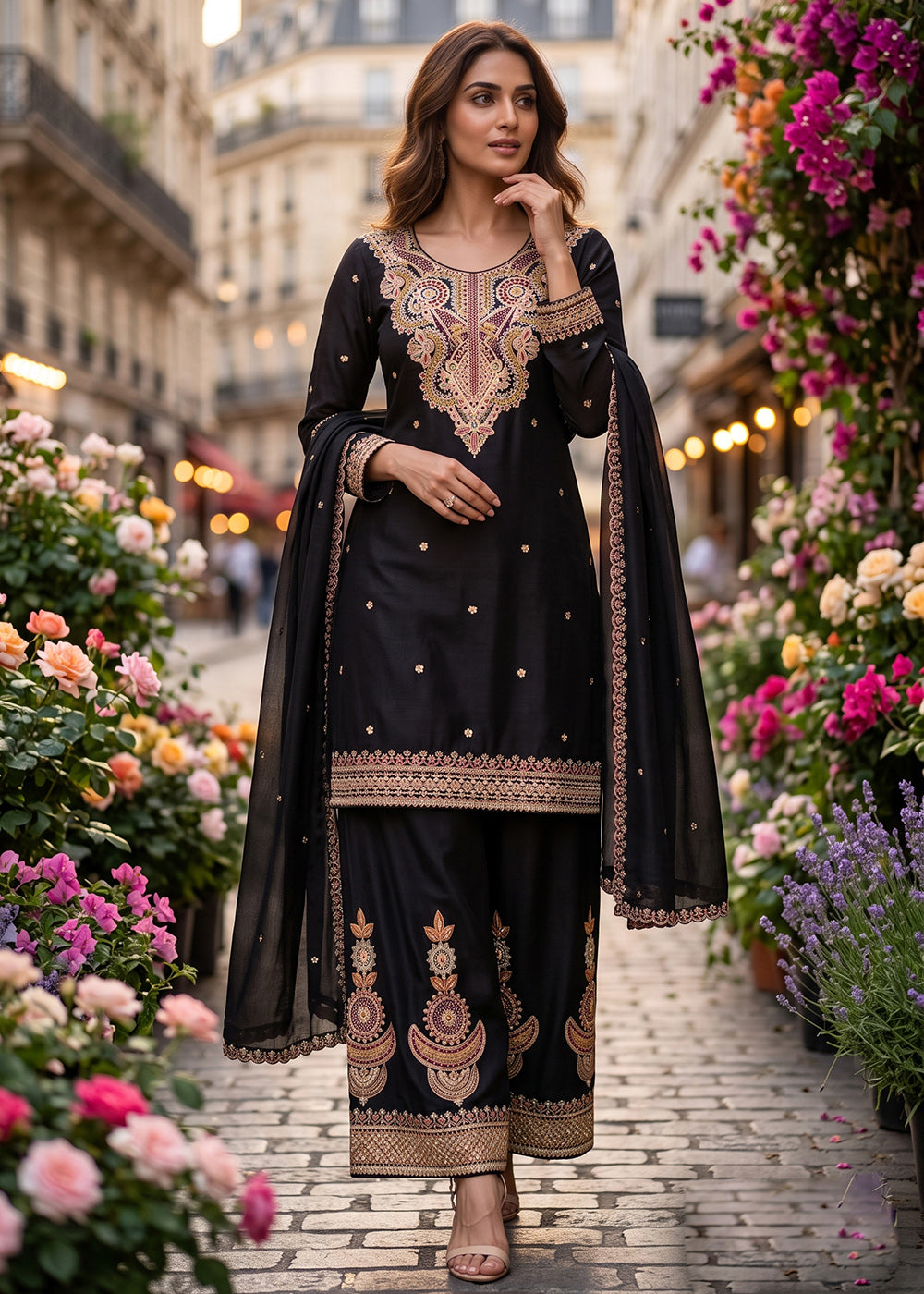 Buy Now Embroidered Black Real Chinnon Palazzo Style Dress Online in US, UK, Canada, Netherlands, Germany, Italy, France, Greece, Austria & Worldwide at Empress