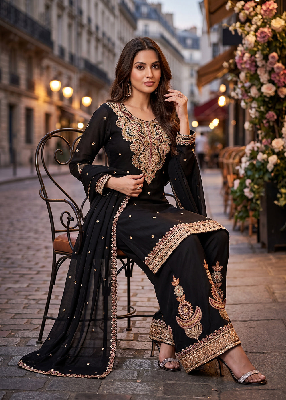 Buy Now Embroidered Black Real Chinnon Palazzo Style Dress Online in US, UK, Canada, Netherlands, Germany, Italy, France, Greece, Austria & Worldwide at Empress