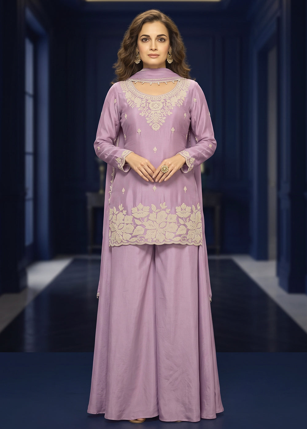 Shop Now Lavender Premium Chinnon Beads Work Sharara Suit Online at Empress in US, UK, Canada, Italy, Germany, France, Greece, Sweden, UAE, Denmark & Worldwide.