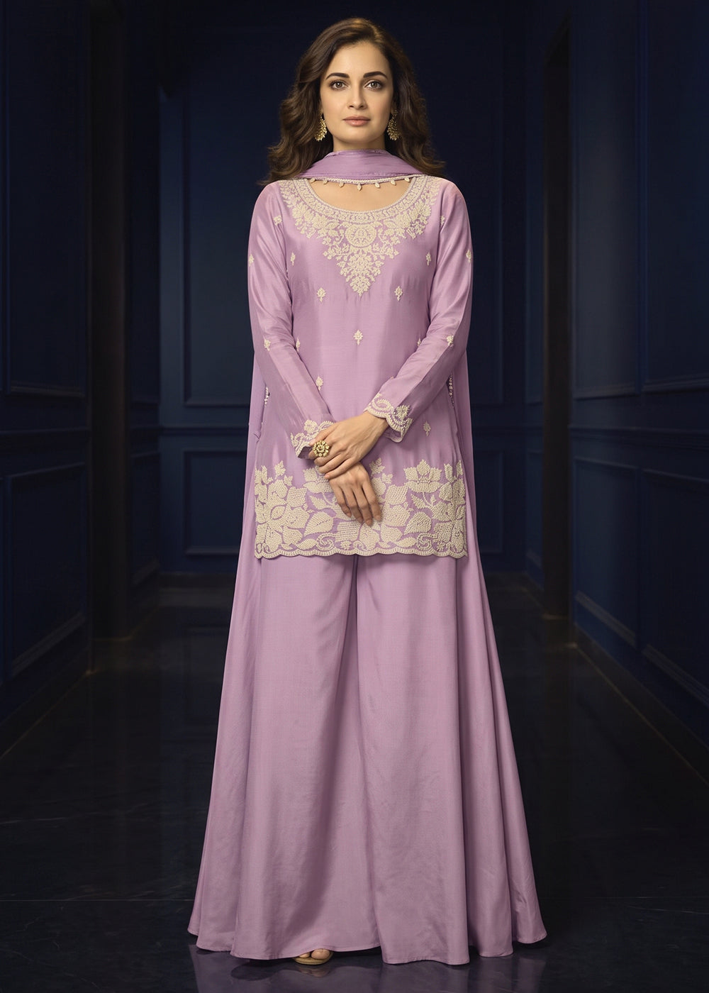 Shop Now Lavender Premium Chinnon Beads Work Sharara Suit Online at Empress in US, UK, Canada, Italy, Germany, France, Greece, Sweden, UAE, Denmark &amp; Worldwide.