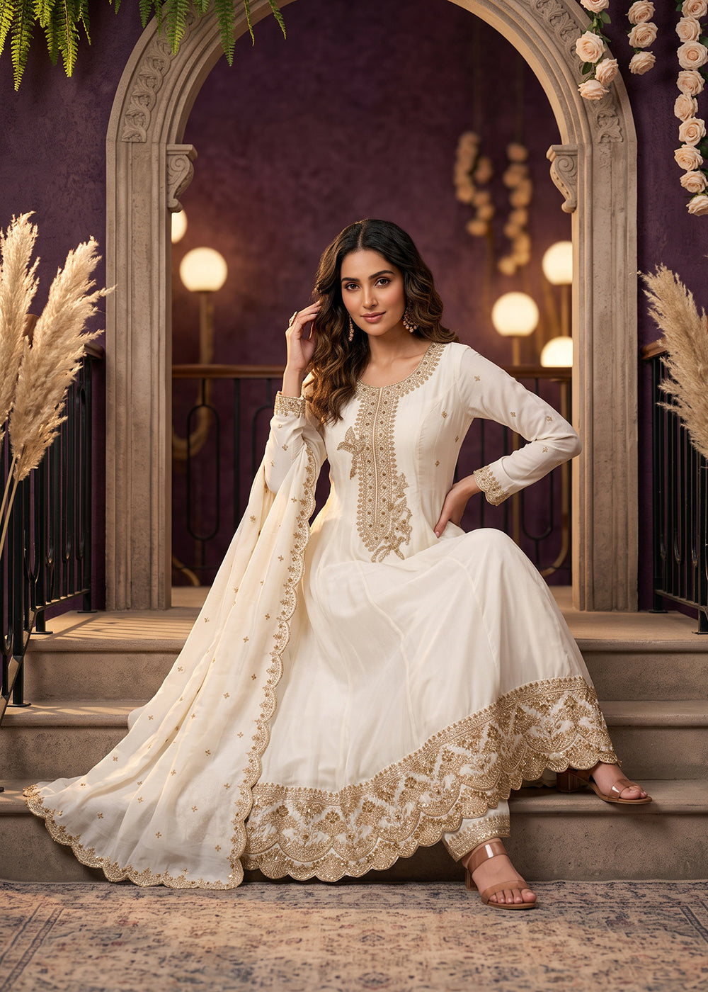 Buy Now White Anarkali Style Embroidered Wedding Palazzo Suit Online in US, UK, Canada, Germany, Italy, France, Greece, Austria, Denmark &amp; Worldwide at Empress.