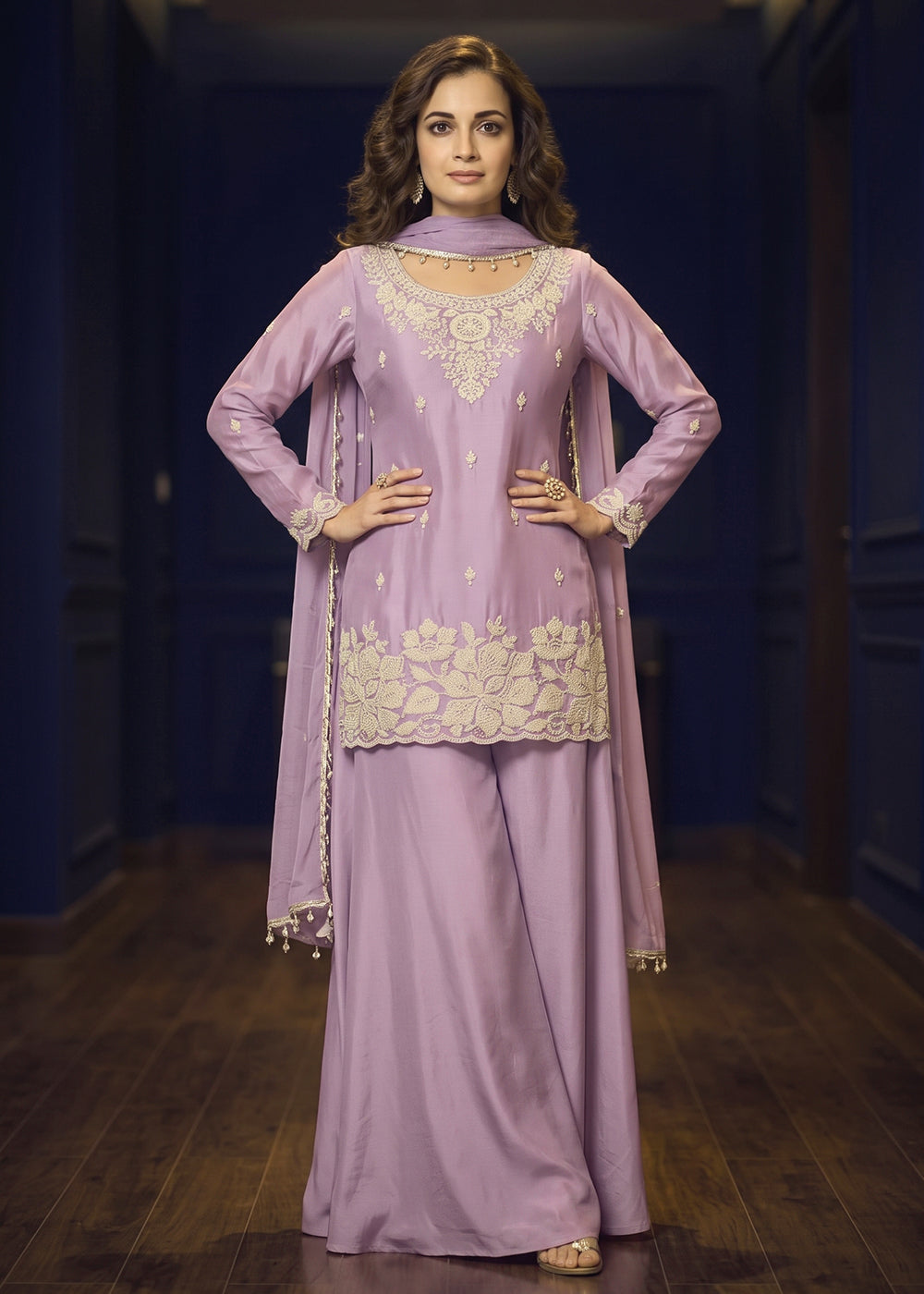 Shop Now Lavender Premium Chinnon Beads Work Sharara Suit Online at Empress in US, UK, Canada, Italy, Germany, France, Greece, Sweden, UAE, Denmark &amp; Worldwide.