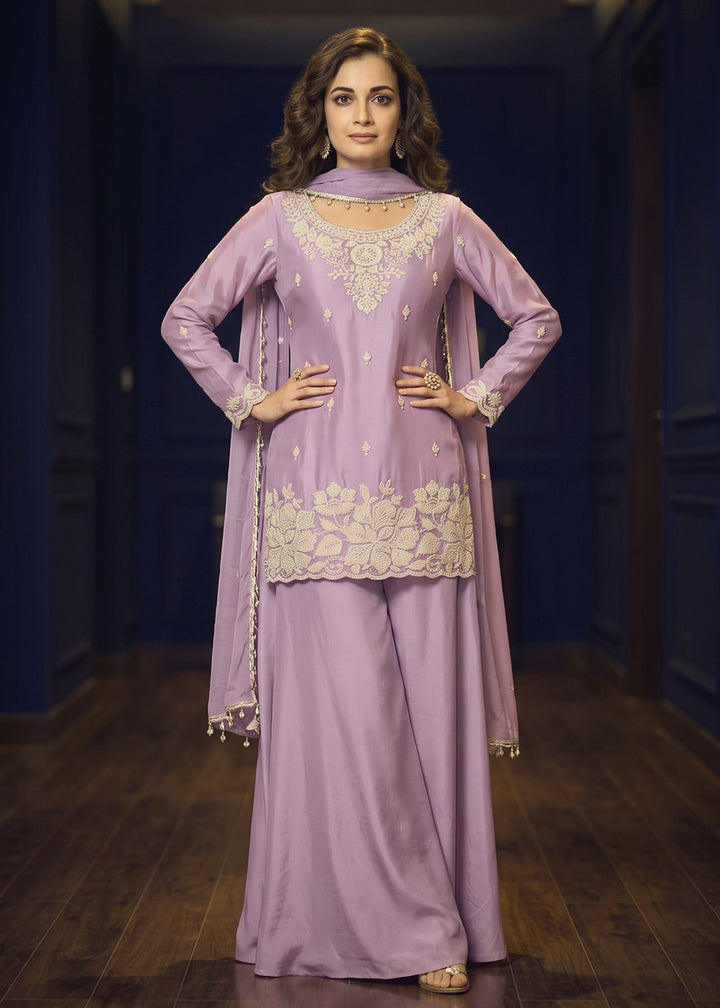 Shop Now Lavender Premium Chinnon Beads Work Sharara Suit Online at Empress in US, UK, Canada, Italy, Germany, France, Greece, Sweden, UAE, Denmark &amp; Worldwide.