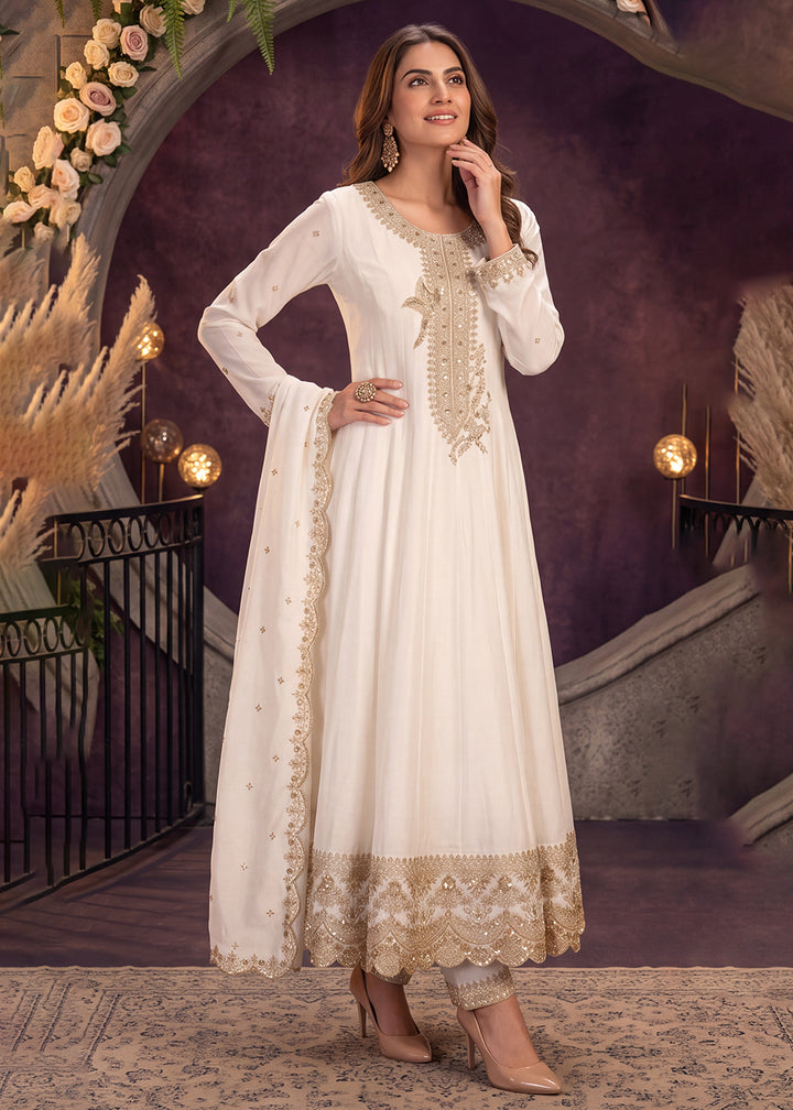Buy Now White Anarkali Style Embroidered Wedding Palazzo Suit Online in US, UK, Canada, Germany, Italy, France, Greece, Austria, Denmark &amp; Worldwide at Empress.