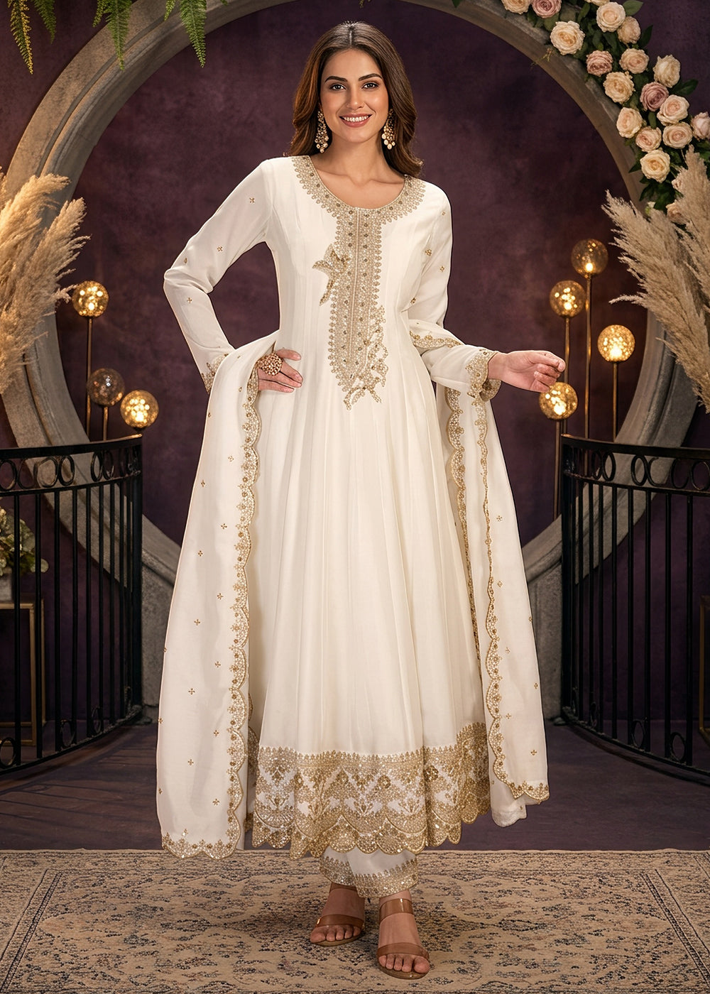 Buy Now White Anarkali Style Embroidered Wedding Palazzo Suit Online in US, UK, Canada, Germany, Italy, France, Greece, Austria, Denmark &amp; Worldwide at Empress.