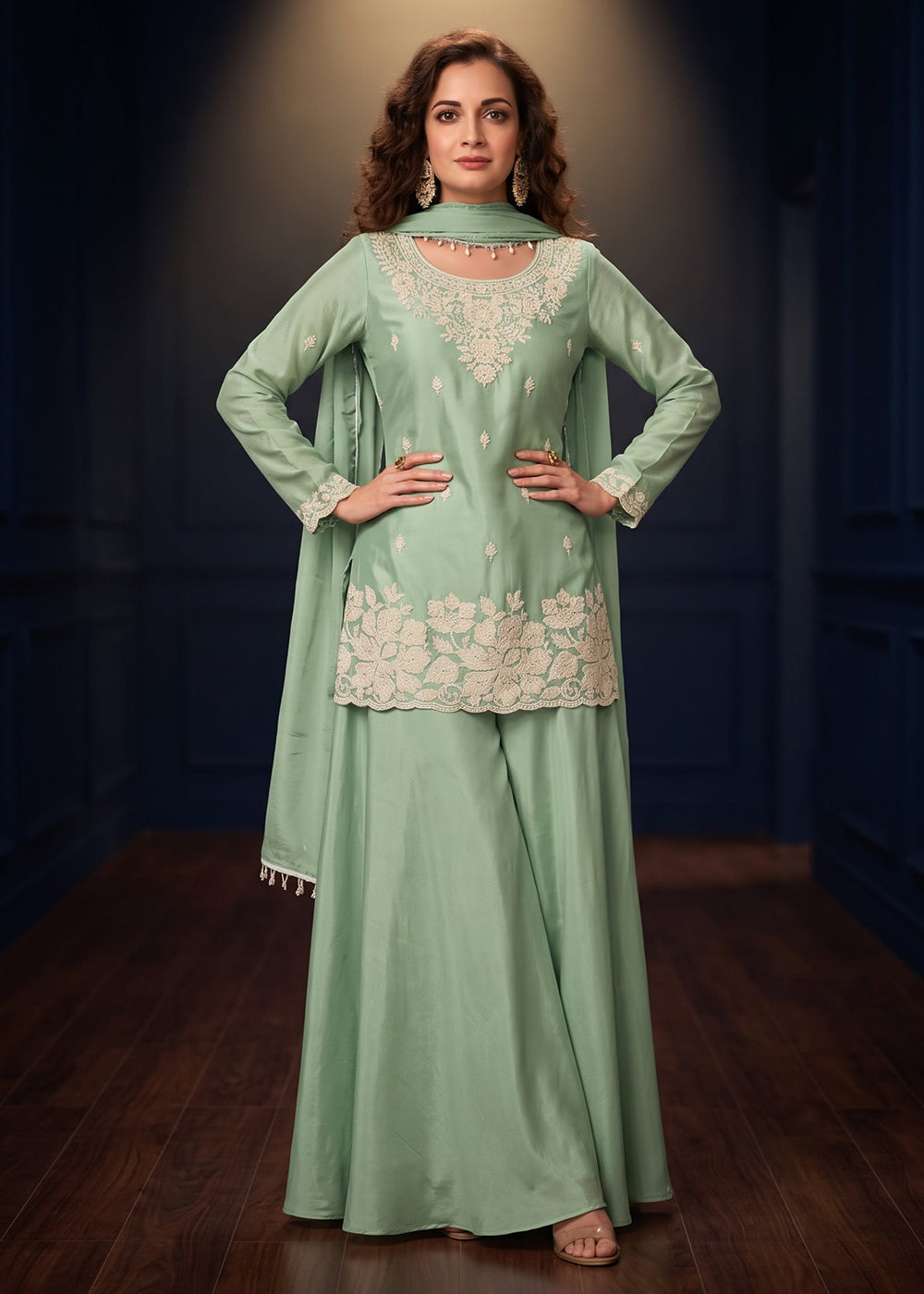 Shop Now Green Premium Chinnon Beads Work Sharara Suit Online at Empress in US, UK, Canada, Italy, Germany, France, Greece, Sweden, UAE, Denmark & Worldwide.