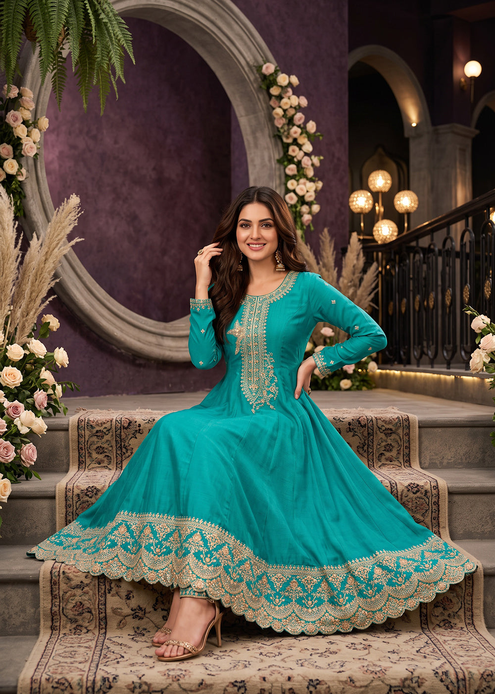 Buy Now Turquoise Anarkali Style Embroidered Wedding Pant Style Suit Online in US, UK, Canada, Germany, Italy, France, Greece, Austria & Worldwide at Empress.
