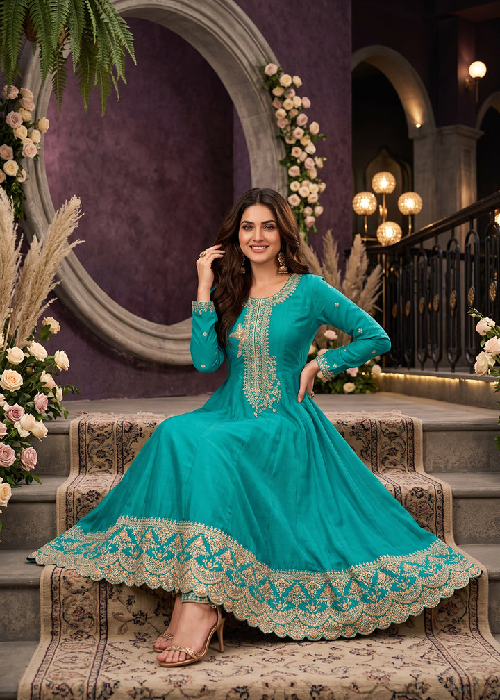 Buy Now Turquoise Anarkali Style Embroidered Wedding Pant Style Suit Online in US, UK, Canada, Germany, Italy, France, Greece, Austria &amp; Worldwide at Empress.