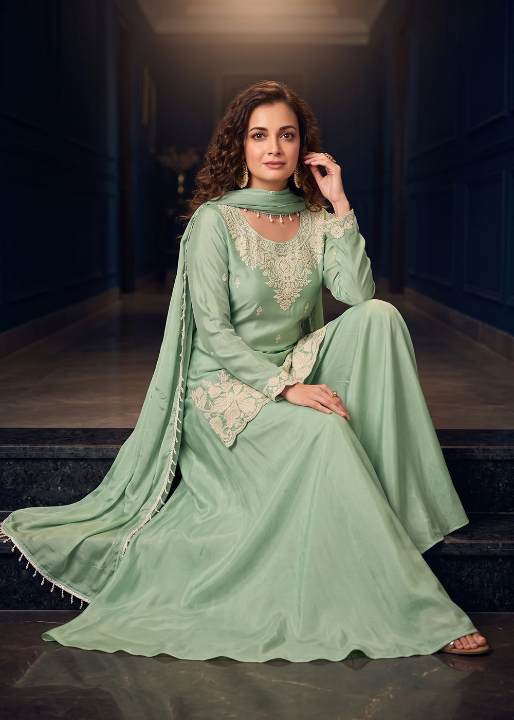 Shop Now Green Premium Chinnon Beads Work Sharara Suit Online at Empress in US, UK, Canada, Italy, Germany, France, Greece, Sweden, UAE, Denmark &amp; Worldwide.