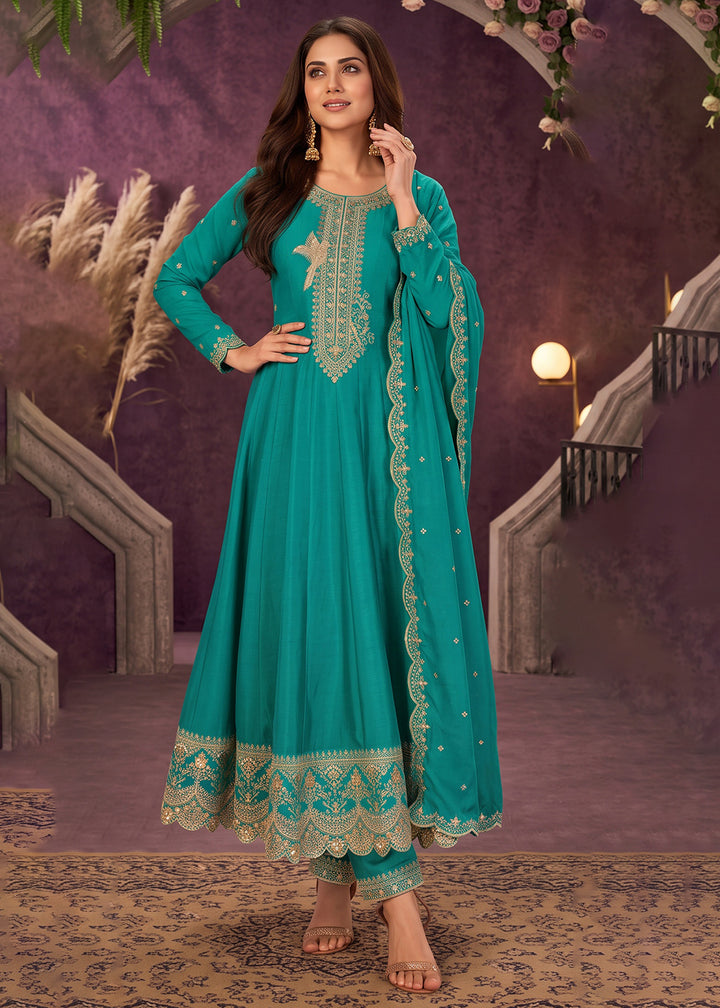 Buy Now Turquoise Anarkali Style Embroidered Wedding Pant Style Suit Online in US, UK, Canada, Germany, Italy, France, Greece, Austria &amp; Worldwide at Empress.