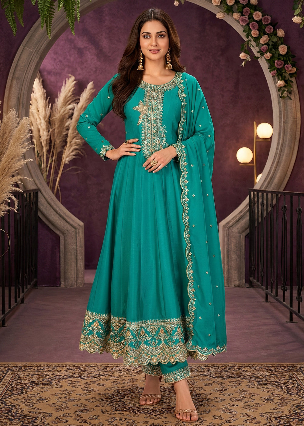 Buy Now Turquoise Anarkali Style Embroidered Wedding Pant Style Suit Online in US, UK, Canada, Germany, Italy, France, Greece, Austria &amp; Worldwide at Empress.