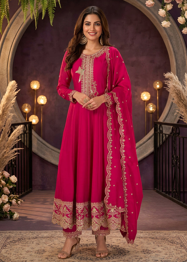 Buy Now Pink Anarkali Style Embroidered Wedding Pant Style Suit Online in US, UK, Canada, Germany, Italy, France, Greece, Austria, UAE &amp; Worldwide at Empress.