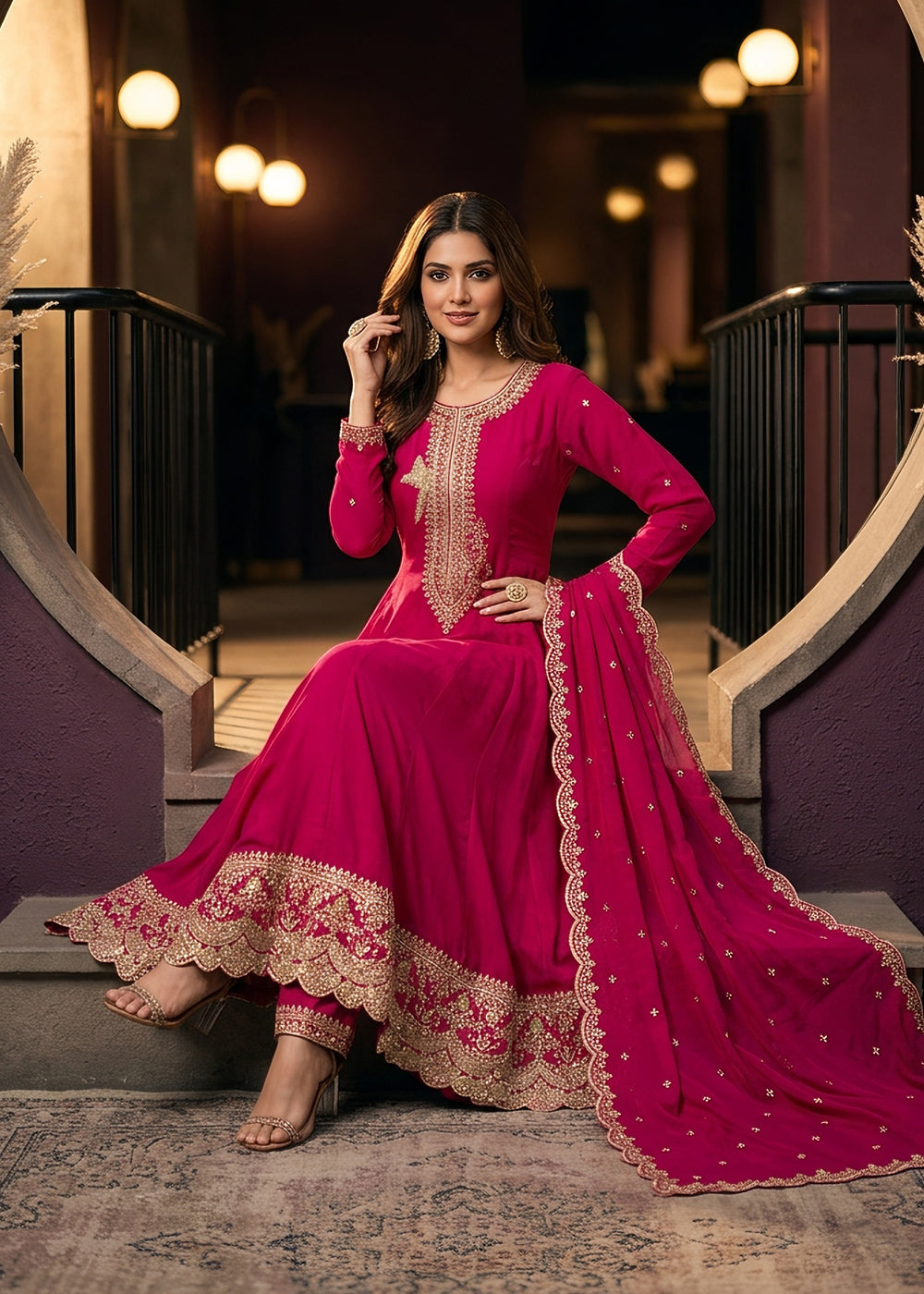 Buy Now Pink Anarkali Style Embroidered Wedding Pant Style Suit Online in US, UK, Canada, Germany, Italy, France, Greece, Austria, UAE & Worldwide at Empress.