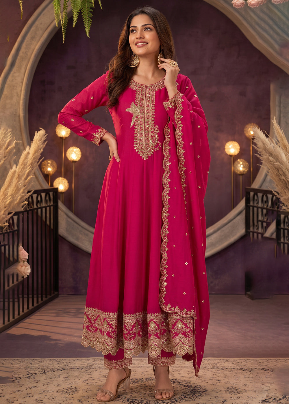 Buy Now Pink Anarkali Style Embroidered Wedding Pant Style Suit Online in US, UK, Canada, Germany, Italy, France, Greece, Austria, UAE &amp; Worldwide at Empress.