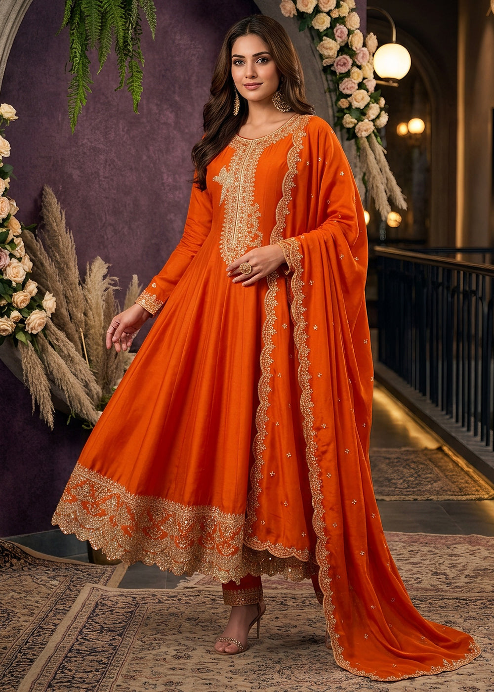 Buy Now Orange Anarkali Style Embroidered Wedding Pant Style Suit Online in US, UK, Canada, Germany, Italy, France, Greece, Austria, UAE &amp; Worldwide at Empress.