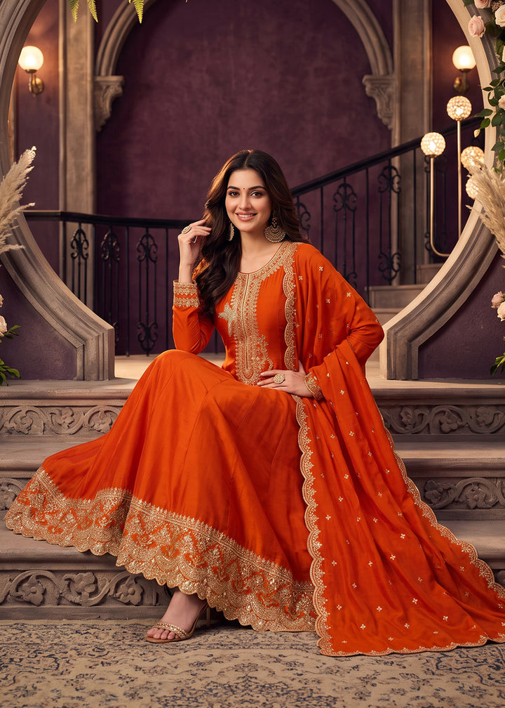 Buy Now Orange Anarkali Style Embroidered Wedding Pant Style Suit Online in US, UK, Canada, Germany, Italy, France, Greece, Austria, UAE &amp; Worldwide at Empress.