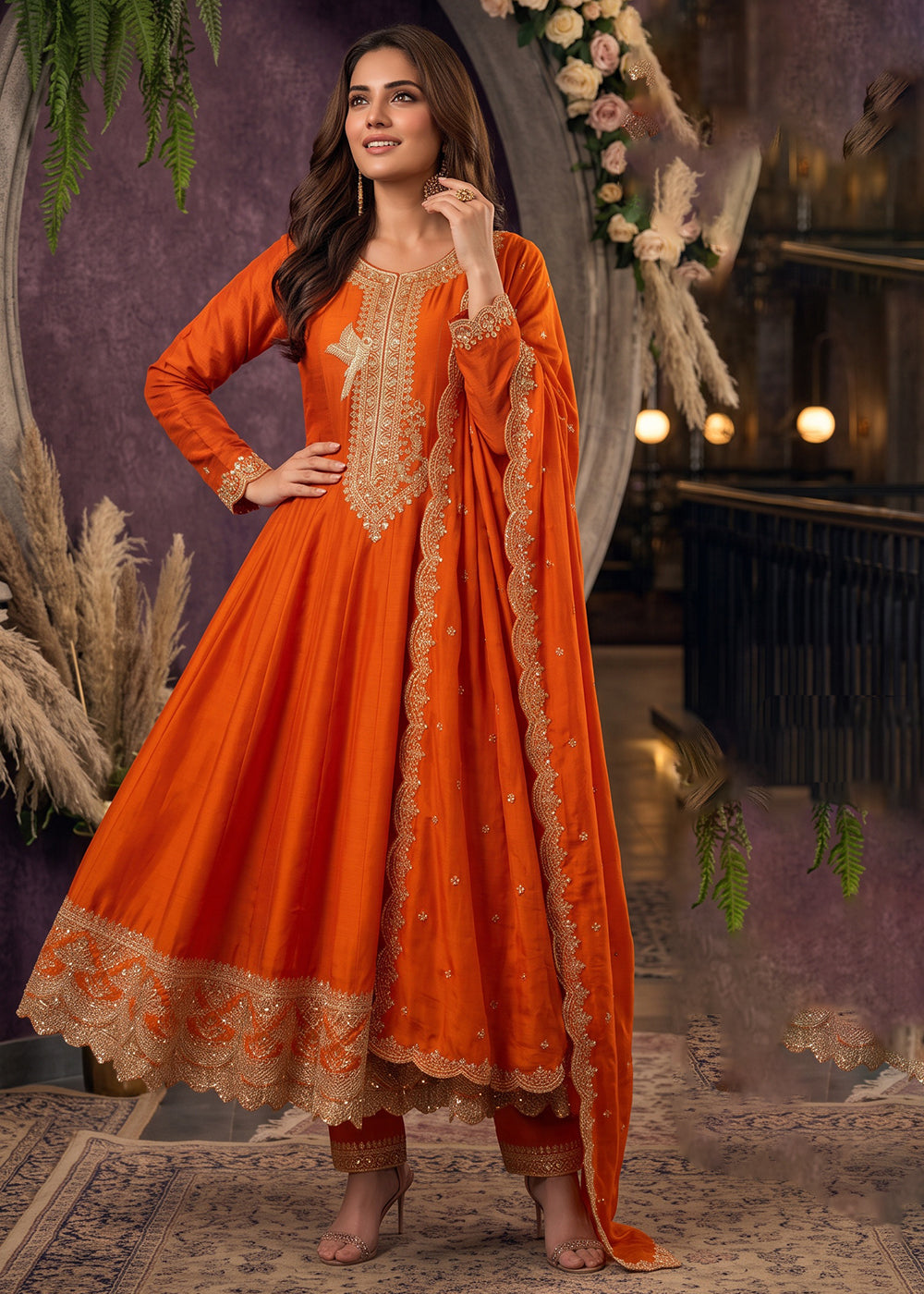 Buy Now Orange Anarkali Style Embroidered Wedding Pant Style Suit Online in US, UK, Canada, Germany, Italy, France, Greece, Austria, UAE &amp; Worldwide at Empress.