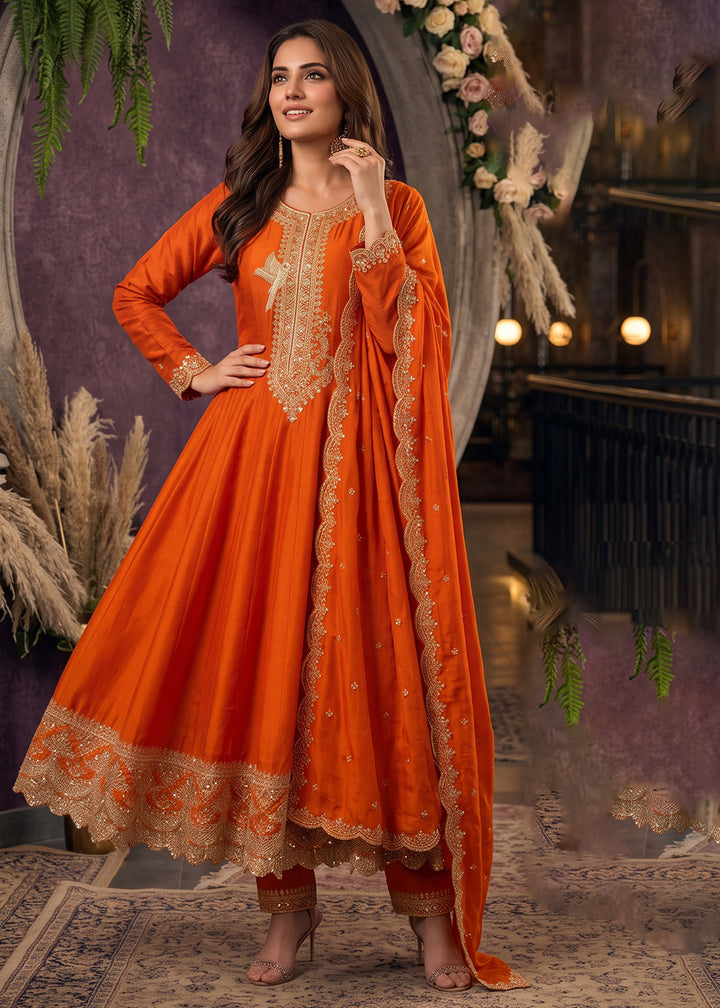 Buy Now Orange Anarkali Style Embroidered Wedding Pant Style Suit Online in US, UK, Canada, Germany, Italy, France, Greece, Austria, UAE &amp; Worldwide at Empress.