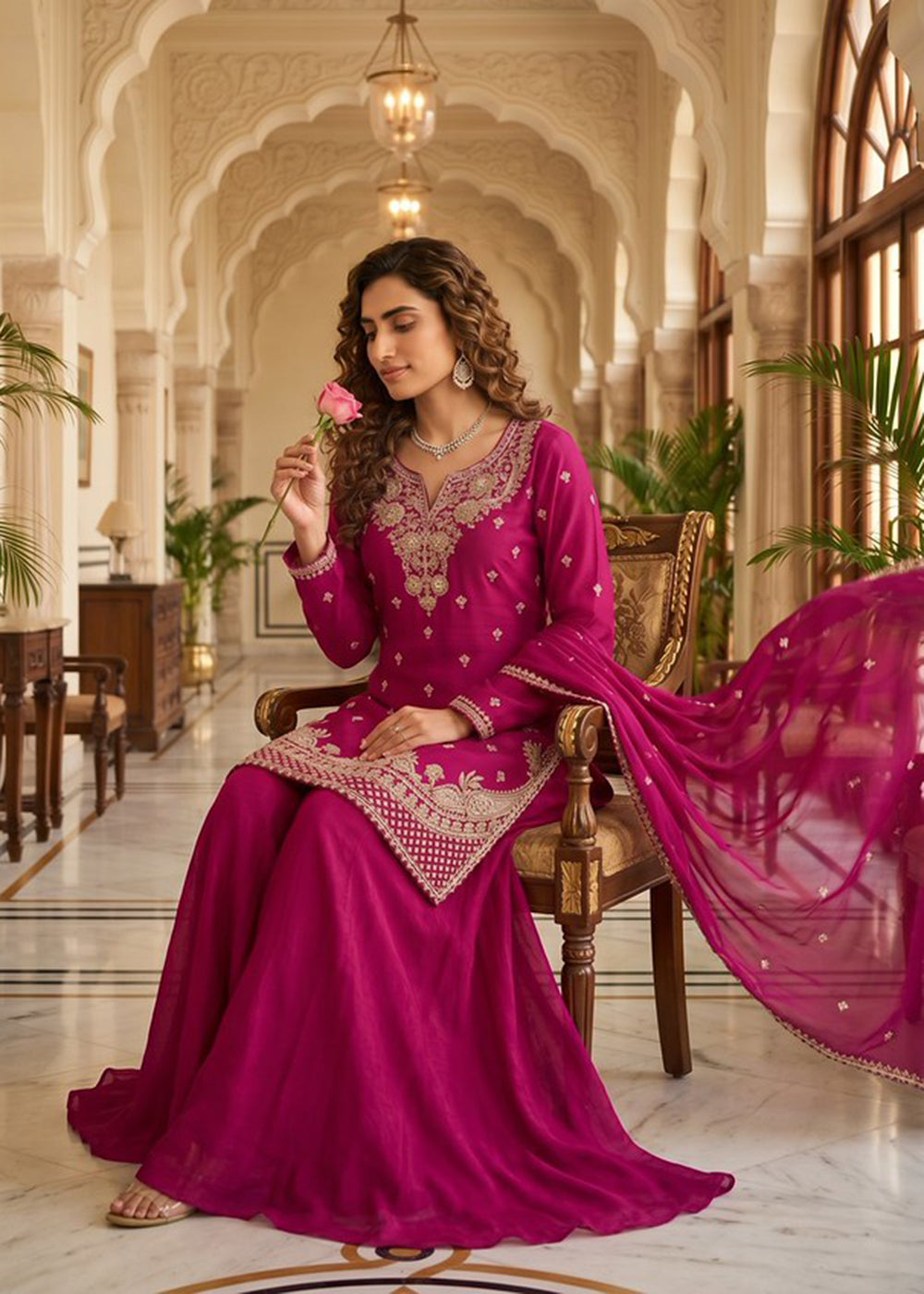 Buy Now Magenta Pink Beads Embroidered Palazzo Dress Online in US, UK, Canada, Netherlands, Germany, Italy, France, UAE, Sweden, Denmark & Worldwide at Empress.