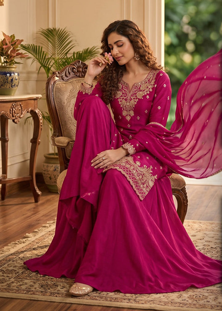 Buy Now Magenta Pink Beads Embroidered Palazzo Dress Online in US, UK, Canada, Netherlands, Germany, Italy, France, UAE, Sweden, Denmark & Worldwide at Empress.