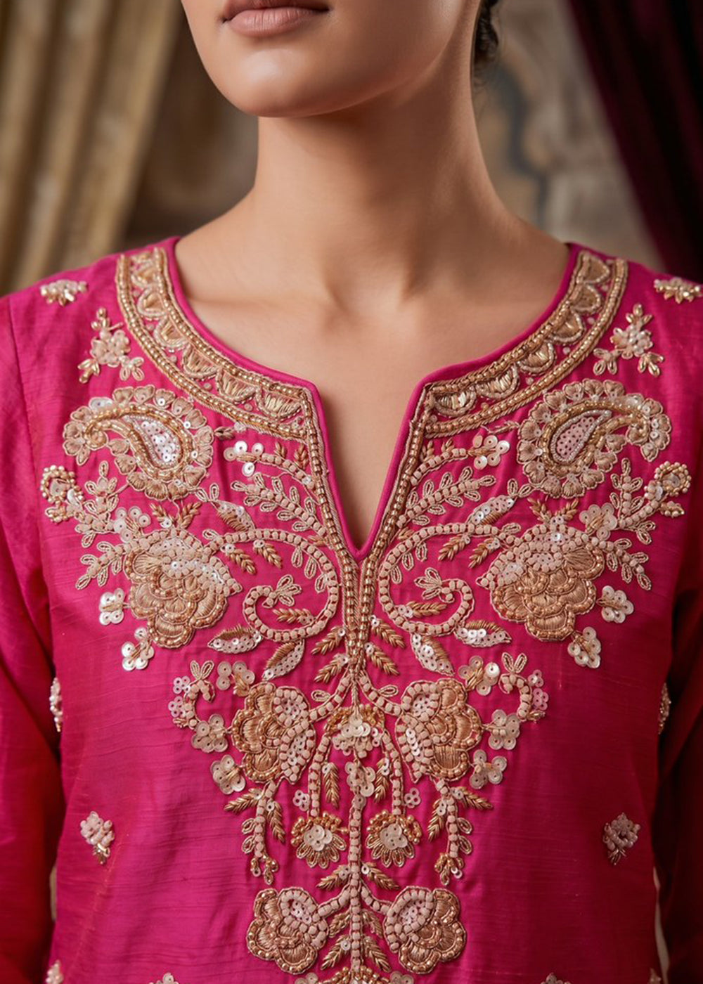 Buy Now Magenta Pink Beads Embroidered Palazzo Dress Online in US, UK, Canada, Netherlands, Germany, Italy, France, UAE, Sweden, Denmark & Worldwide at Empress.