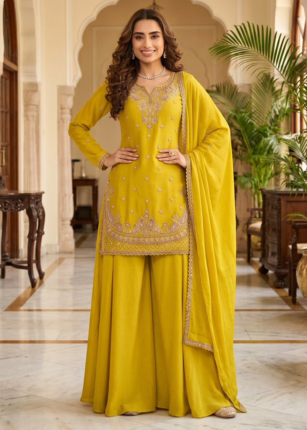 Buy Now Lemon Yellow Beads Embroidered Palazzo Dress Online in US, UK, Canada, Netherlands, Germany, Italy, France, UAE, Sweden, Denmark & Worldwide at Empress.