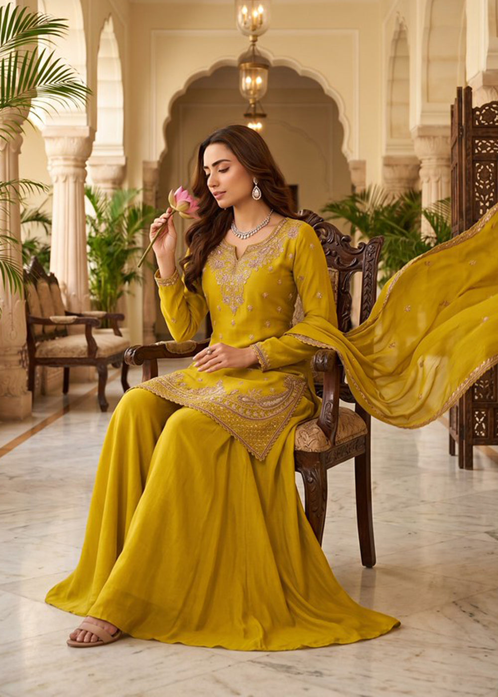 Buy Now Lemon Yellow Beads Embroidered Palazzo Dress Online in US, UK, Canada, Netherlands, Germany, Italy, France, UAE, Sweden, Denmark & Worldwide at Empress.