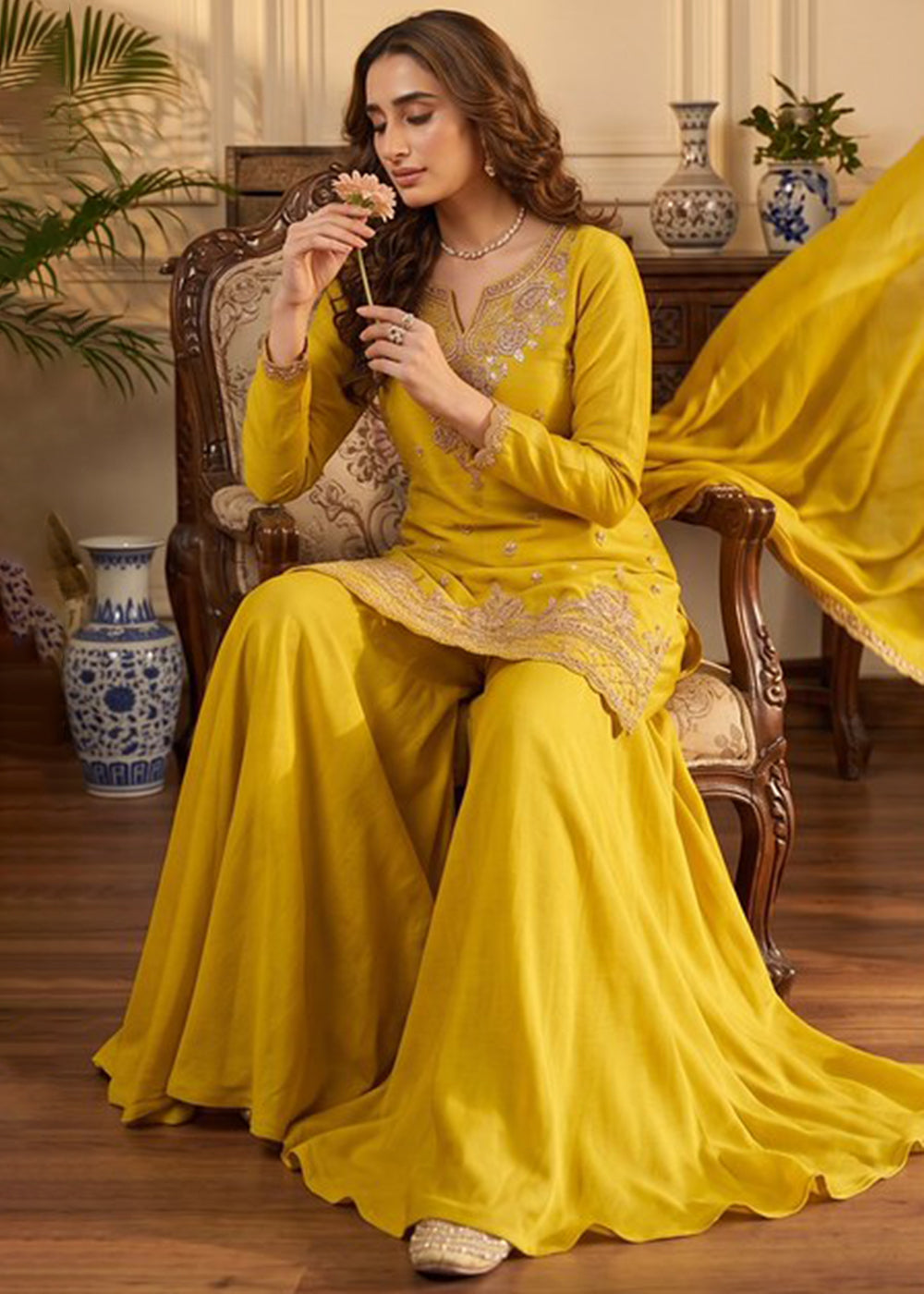Buy Now Lemon Yellow Beads Embroidered Palazzo Dress Online in US, UK, Canada, Netherlands, Germany, Italy, France, UAE, Sweden, Denmark & Worldwide at Empress.