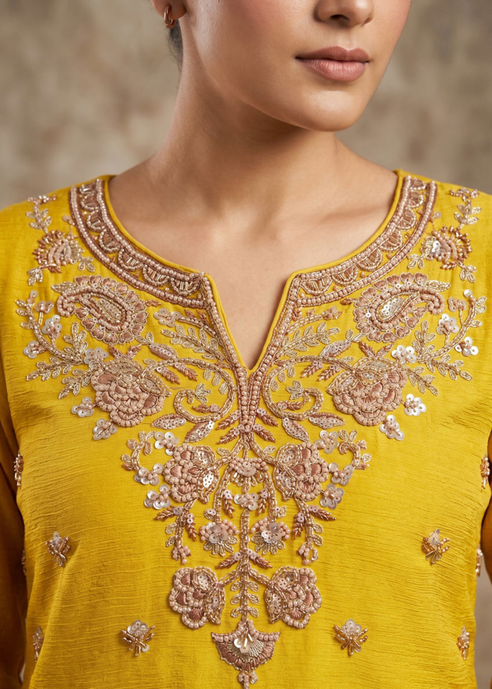 Buy Now Lemon Yellow Beads Embroidered Palazzo Dress Online in US, UK, Canada, Netherlands, Germany, Italy, France, UAE, Sweden, Denmark & Worldwide at Empress.