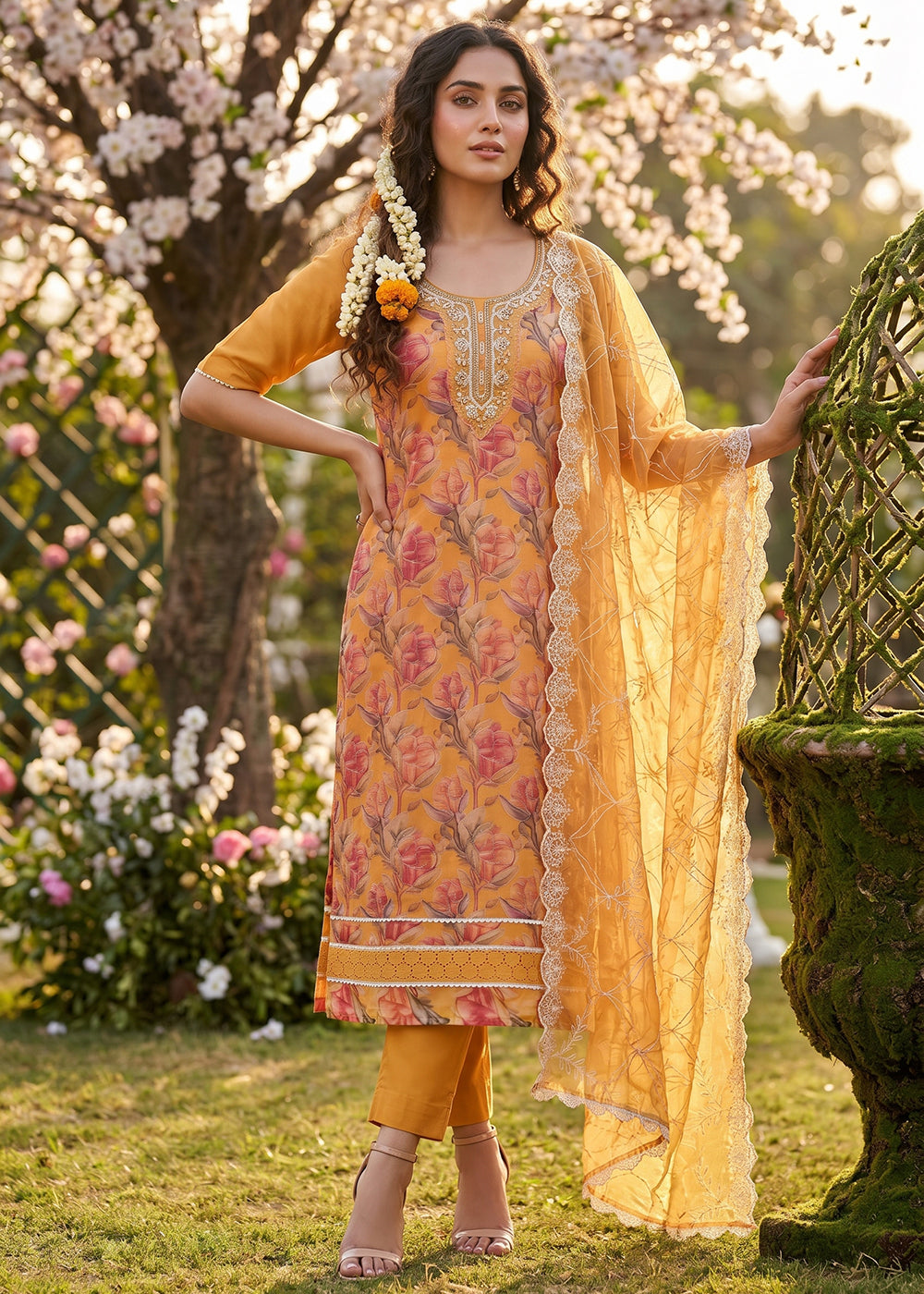 Buy Now Orange Organza Material Festive Pant Style Dress Online in US, UK, Canada, Netherlands, Germany, Italy, France, UAE, Sweden & Worldwide at Empress.