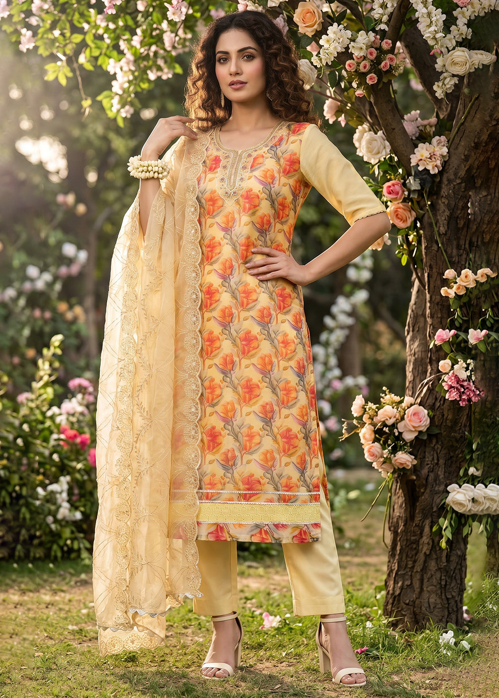 Buy Now Yellow Organza Material Festive Pant Style Dress Online in US, UK, Canada, Netherlands, Germany, Italy, France, UAE, Sweden & Worldwide at Empress.