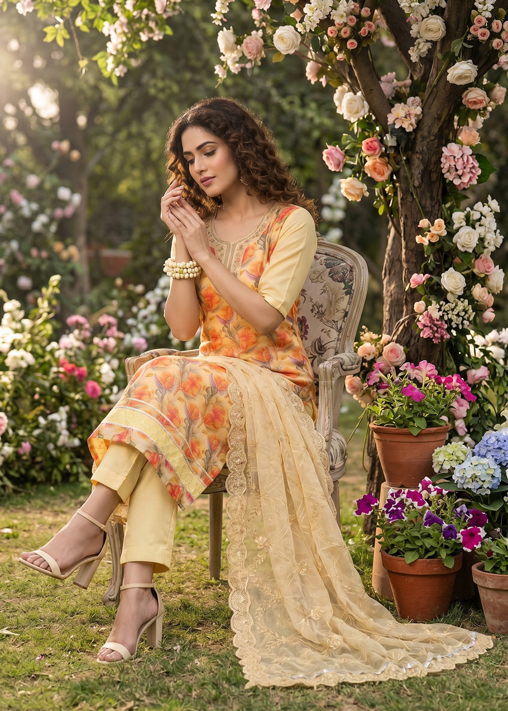 Buy Now Yellow Organza Material Festive Pant Style Dress Online in US, UK, Canada, Netherlands, Germany, Italy, France, UAE, Sweden & Worldwide at Empress.