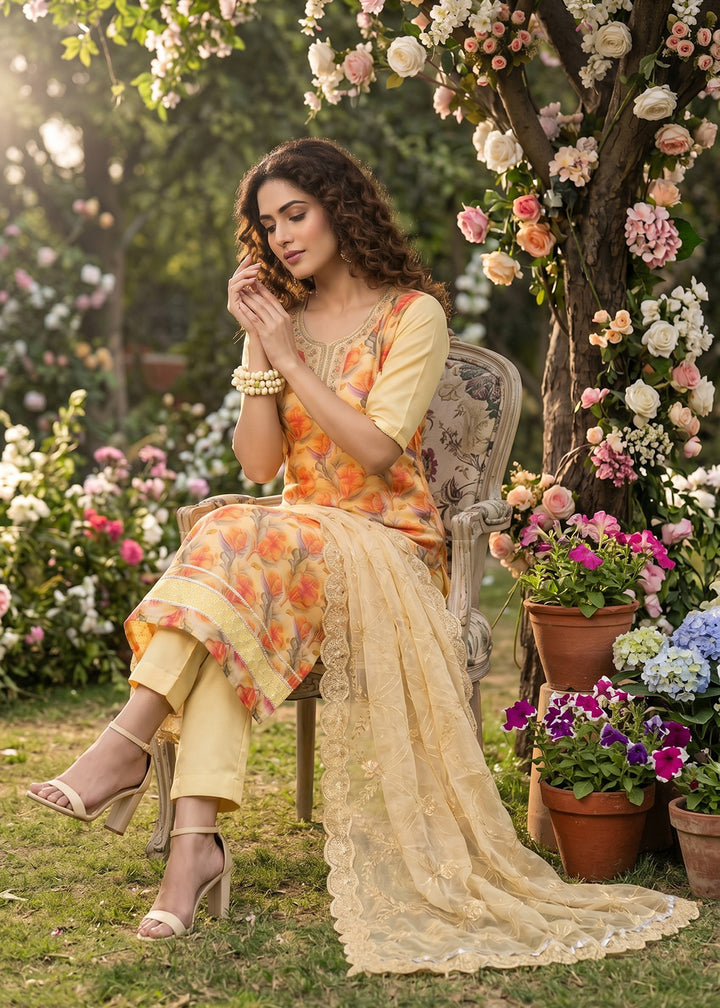 Buy Now Yellow Organza Material Festive Pant Style Dress Online in US, UK, Canada, Netherlands, Germany, Italy, France, UAE, Sweden & Worldwide at Empress.