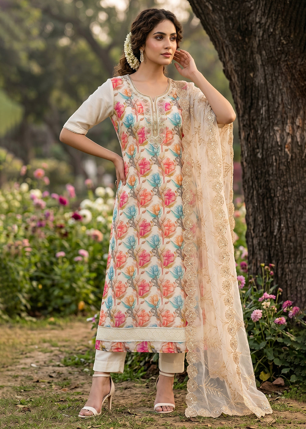 Buy Now Off White Organza Material Festive Pant Style Dress Online in US, UK, Canada, Netherlands, Germany, Italy, France, UAE, Sweden & Worldwide at Empress.