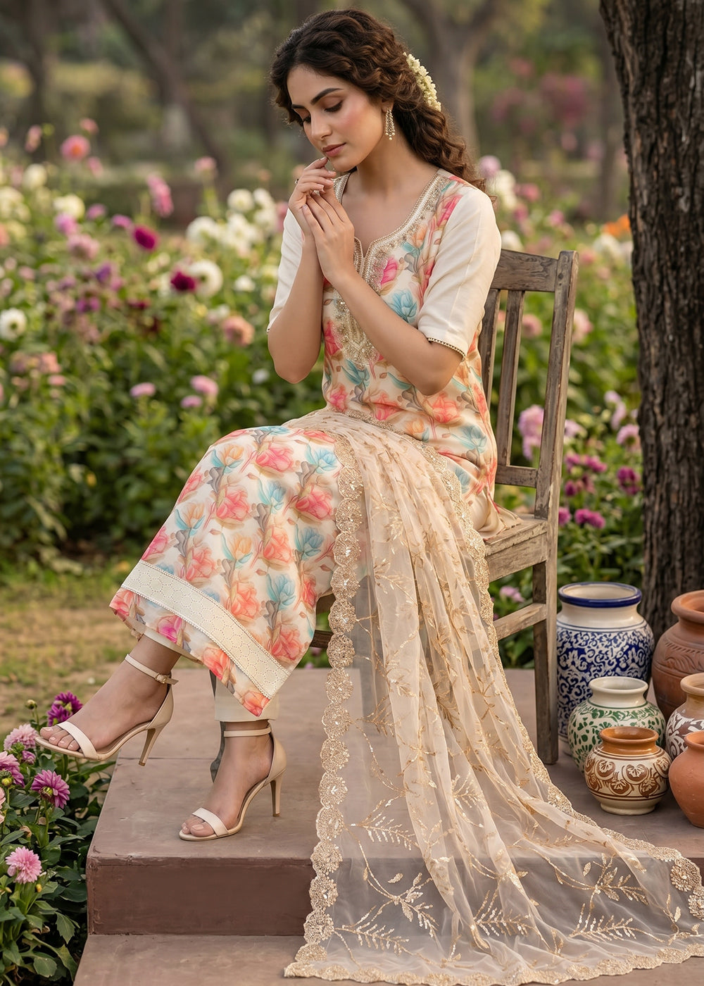 Buy Now Off White Organza Material Festive Pant Style Dress Online in US, UK, Canada, Netherlands, Germany, Italy, France, UAE, Sweden & Worldwide at Empress.
