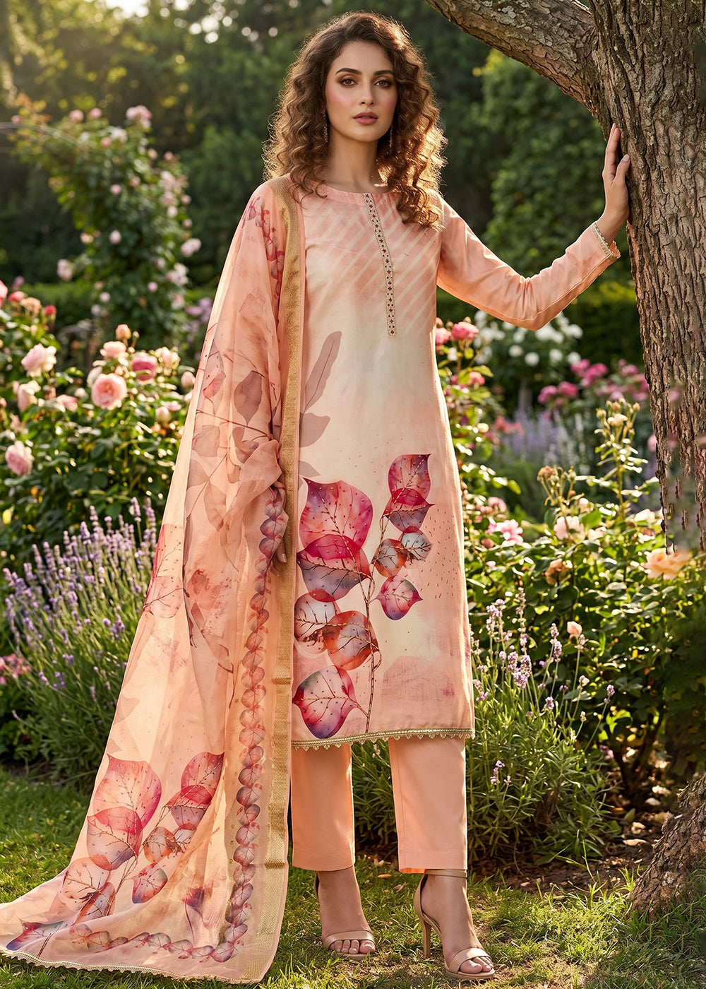 Buy Now Peach Cotton Material Festive Pant Style Dress Online in US, UK, Canada, Netherlands, Germany, Italy, France, UAE, Sweden & Worldwide at Empress.