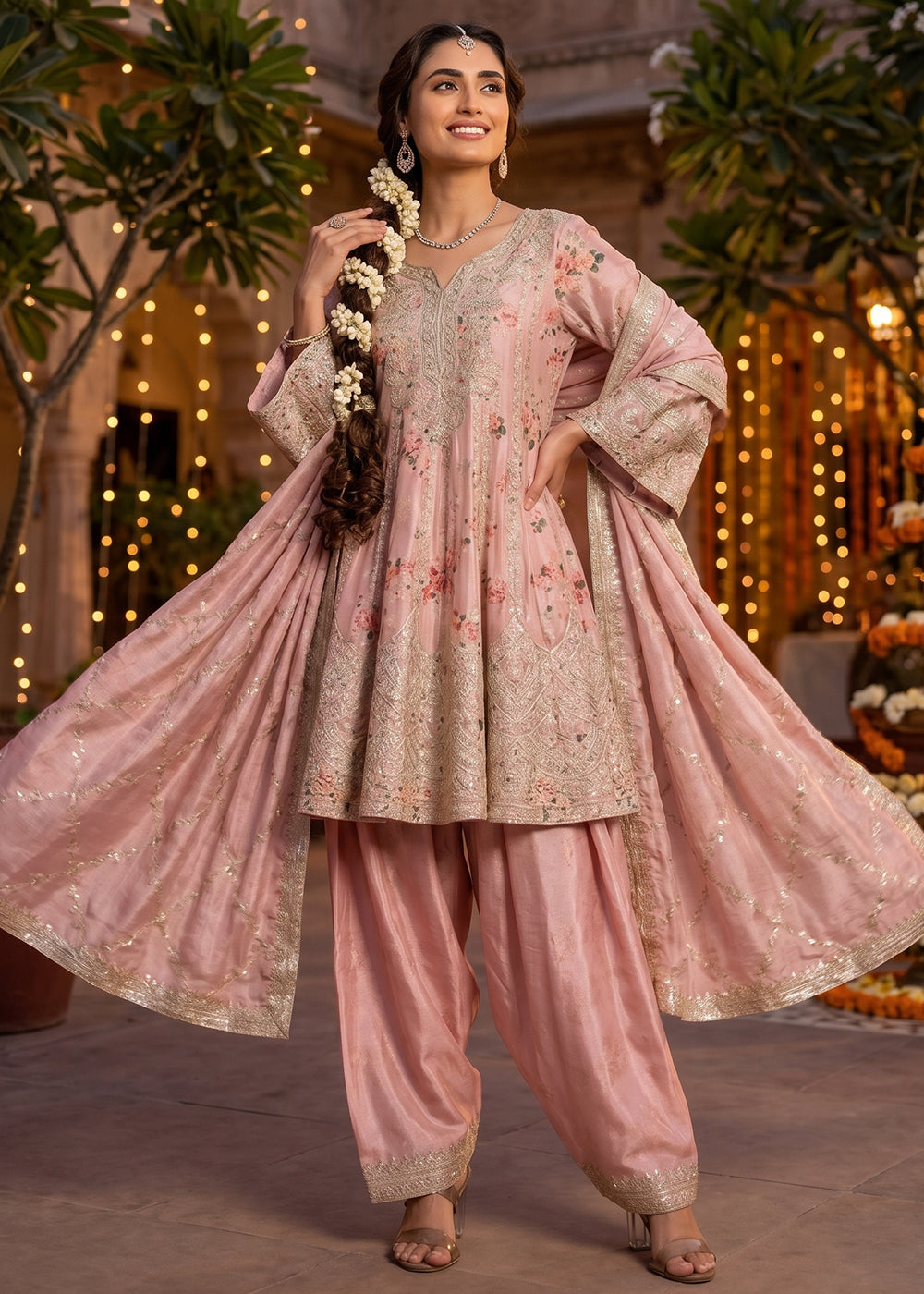 Buy Now Floral Style Embroidered Pink Wedding Salwar Suit Online in US, UK, Canada, Netherlands, Germany, Italy, France, Sweden, Denmark & Worldwide at Empress.