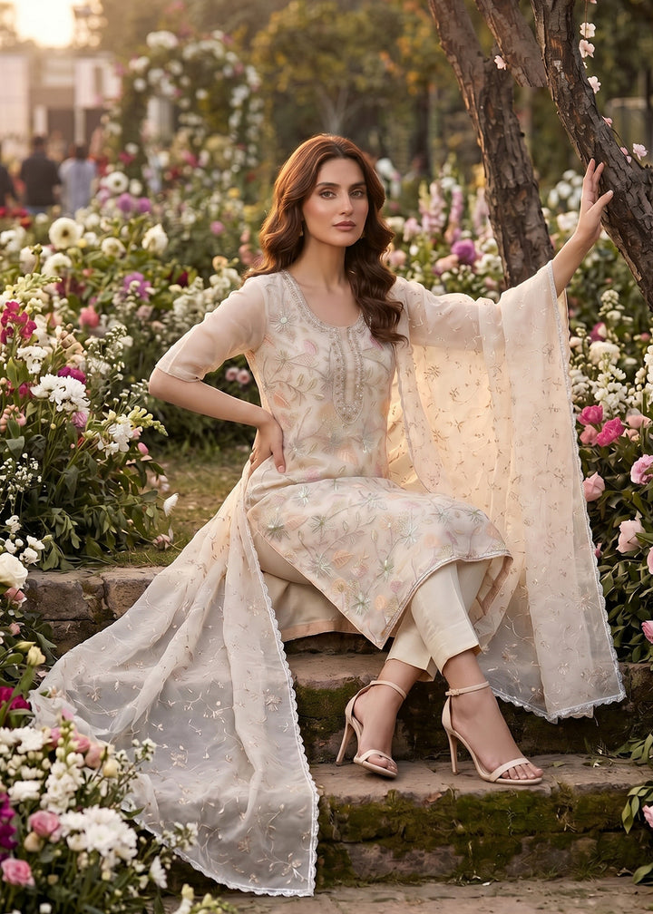 Buy Now Cream Organza Handwork Festive Pant Style Dress Online in US, UK, Canada, Netherlands, Germany, Italy, France, UAE, Sweden & Worldwide at Empress.