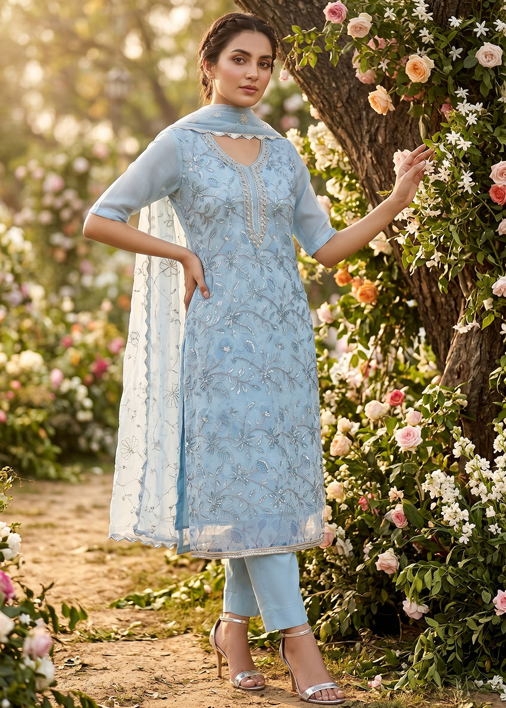 Buy Now Blue Organza Handwork Festive Pant Style Dress Online in US, UK, Canada, Netherlands, Germany, Italy, France, UAE, Sweden & Worldwide at Empress.