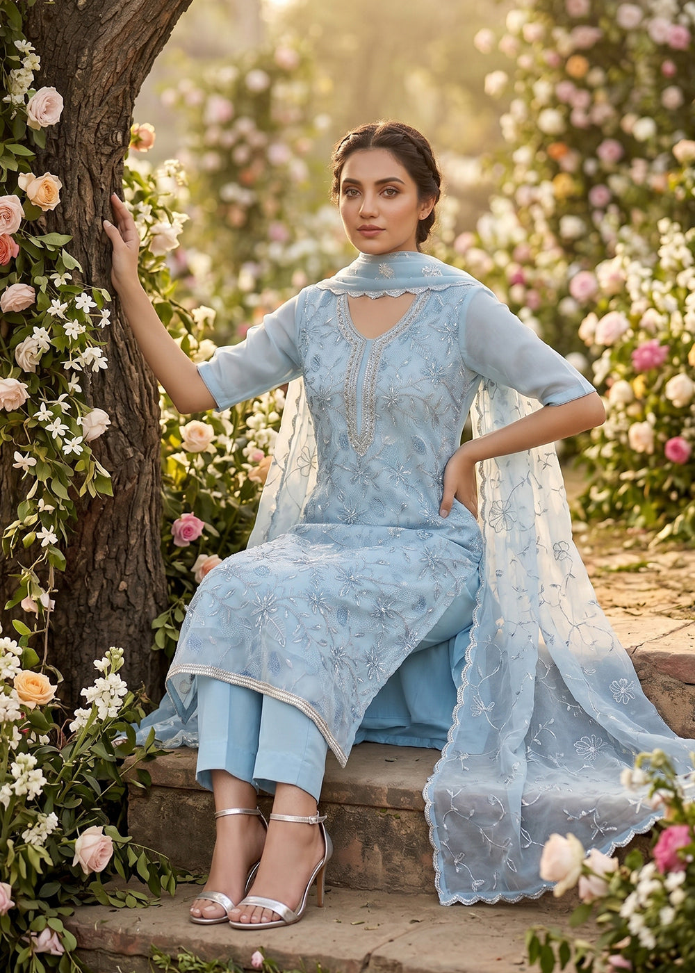 Buy Now Blue Organza Handwork Festive Pant Style Dress Online in US, UK, Canada, Netherlands, Germany, Italy, France, UAE, Sweden & Worldwide at Empress.