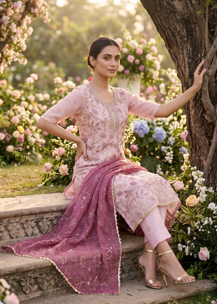 Buy Now Pink Organza Handwork Festive Pant Style Dress Online in US, UK, Canada, Netherlands, Germany, Italy, France, UAE, Sweden & Worldwide at Empress.