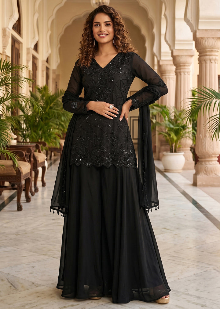 Shop Now Black Premium Chinnon with Beads Wedding Sharara Suit Online at Empress in USA, UK, Canada, Italy, Germany, France, Greece, Sweden, UAE & Worldwide.