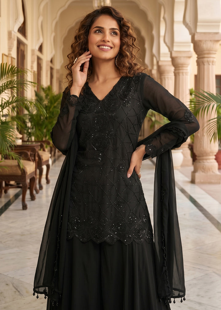 Shop Now Black Premium Chinnon with Beads Wedding Sharara Suit Online at Empress in USA, UK, Canada, Italy, Germany, France, Greece, Sweden, UAE & Worldwide.