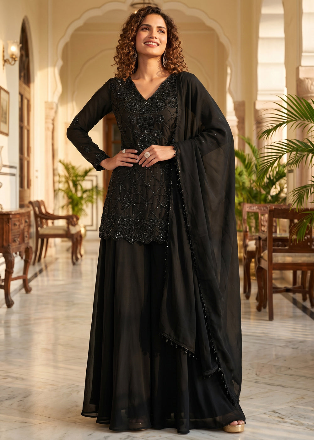 Shop Now Black Premium Chinnon with Beads Wedding Sharara Suit Online at Empress in USA, UK, Canada, Italy, Germany, France, Greece, Sweden, UAE & Worldwide.