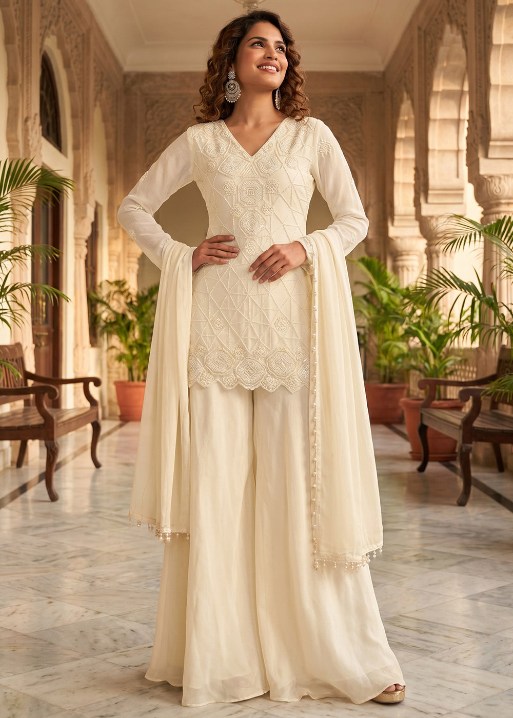 Shop Now Cream Premium Chinnon with Beads Wedding Sharara Suit Online at Empress in USA, UK, Canada, Italy, Germany, France, Greece, Sweden, UAE & Worldwide.