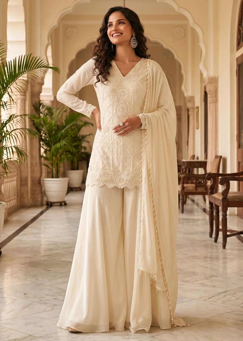 Shop Now Cream Premium Chinnon with Beads Wedding Sharara Suit Online at Empress in USA, UK, Canada, Italy, Germany, France, Greece, Sweden, UAE & Worldwide.