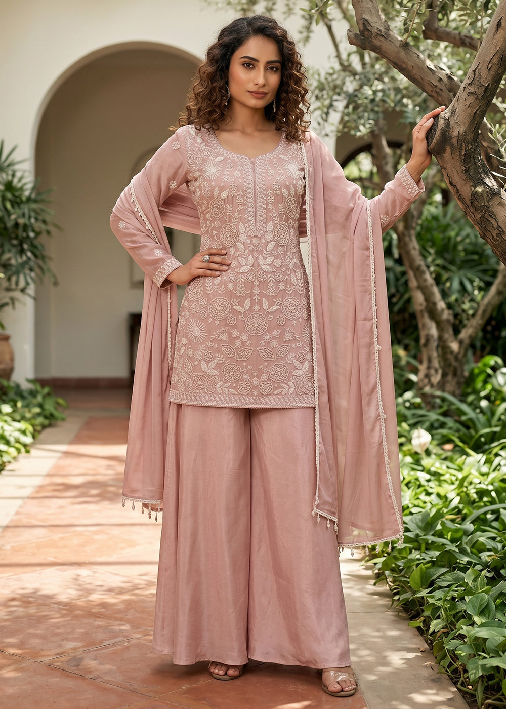 Shop Now Pink Premium Beads Work Wedding Festive Sharara Suit Online at Empress in USA, UK, Canada, Italy, Germany, France, Greece, Sweden, UAE & Worldwide.