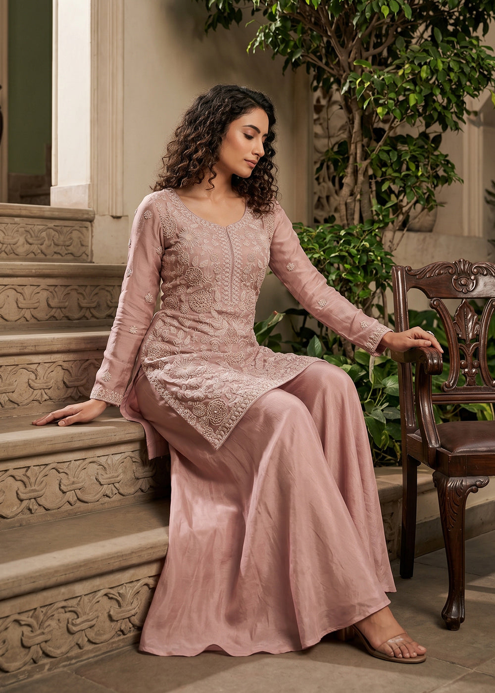 Shop Now Pink Premium Beads Work Wedding Festive Sharara Suit Online at Empress in USA, UK, Canada, Italy, Germany, France, Greece, Sweden, UAE & Worldwide.